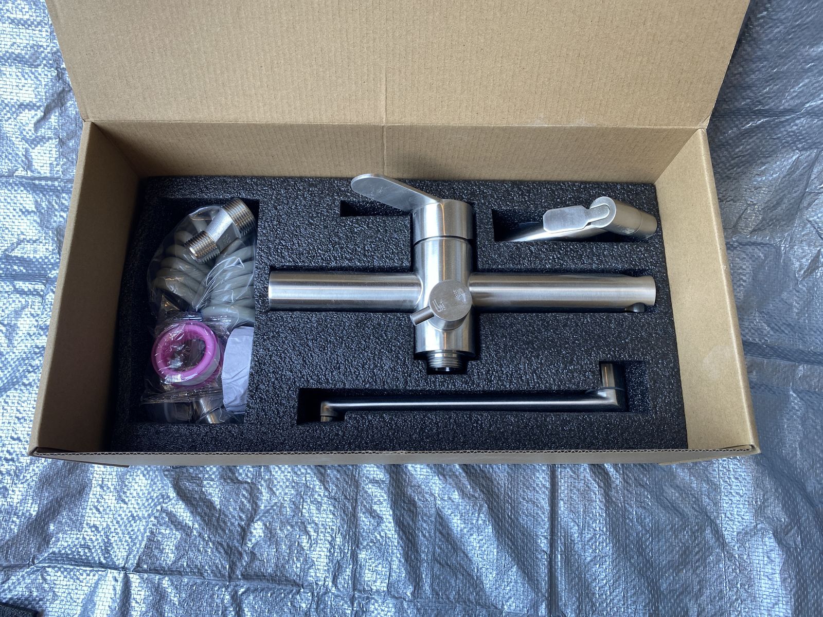 Wall Mount Kitchen Sink Faucet 8" Center with Side Sprayer – Brushed Nickel – New Open Box