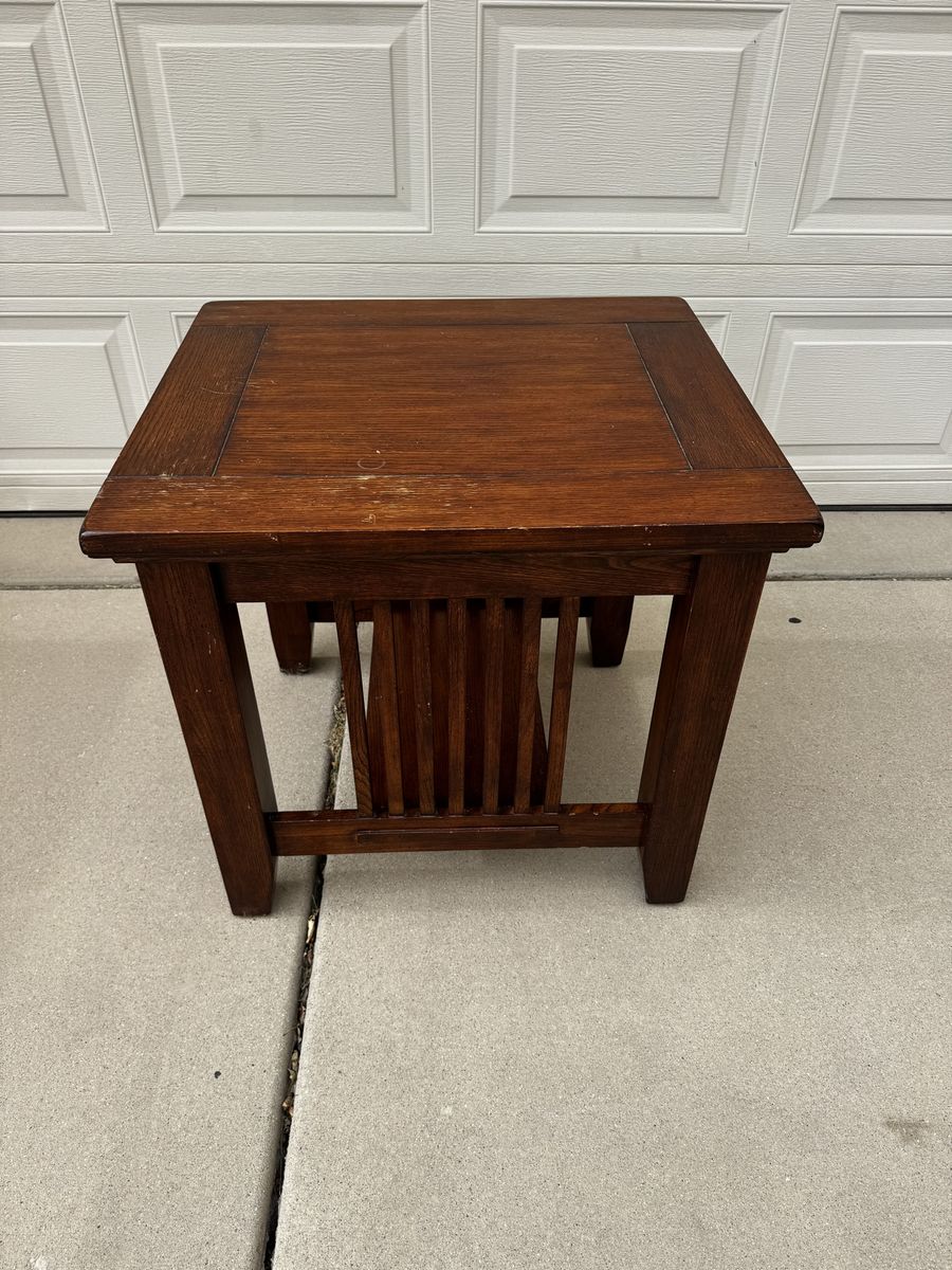 Mission Style Wood End Table - Dark Oak Square Side Table with Lower Shelf
