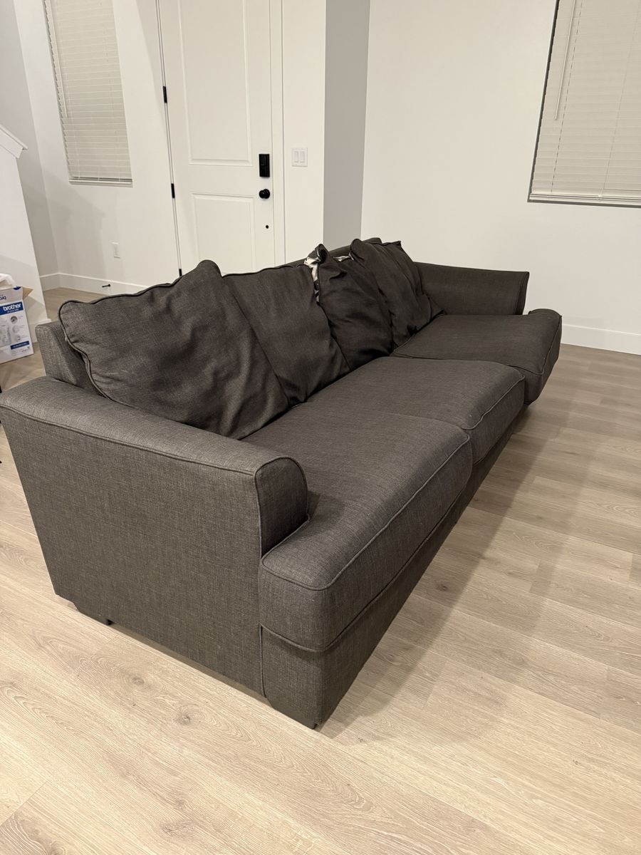 Comfortable Dark Gray Fabric Sofa Couch with Three Cushions