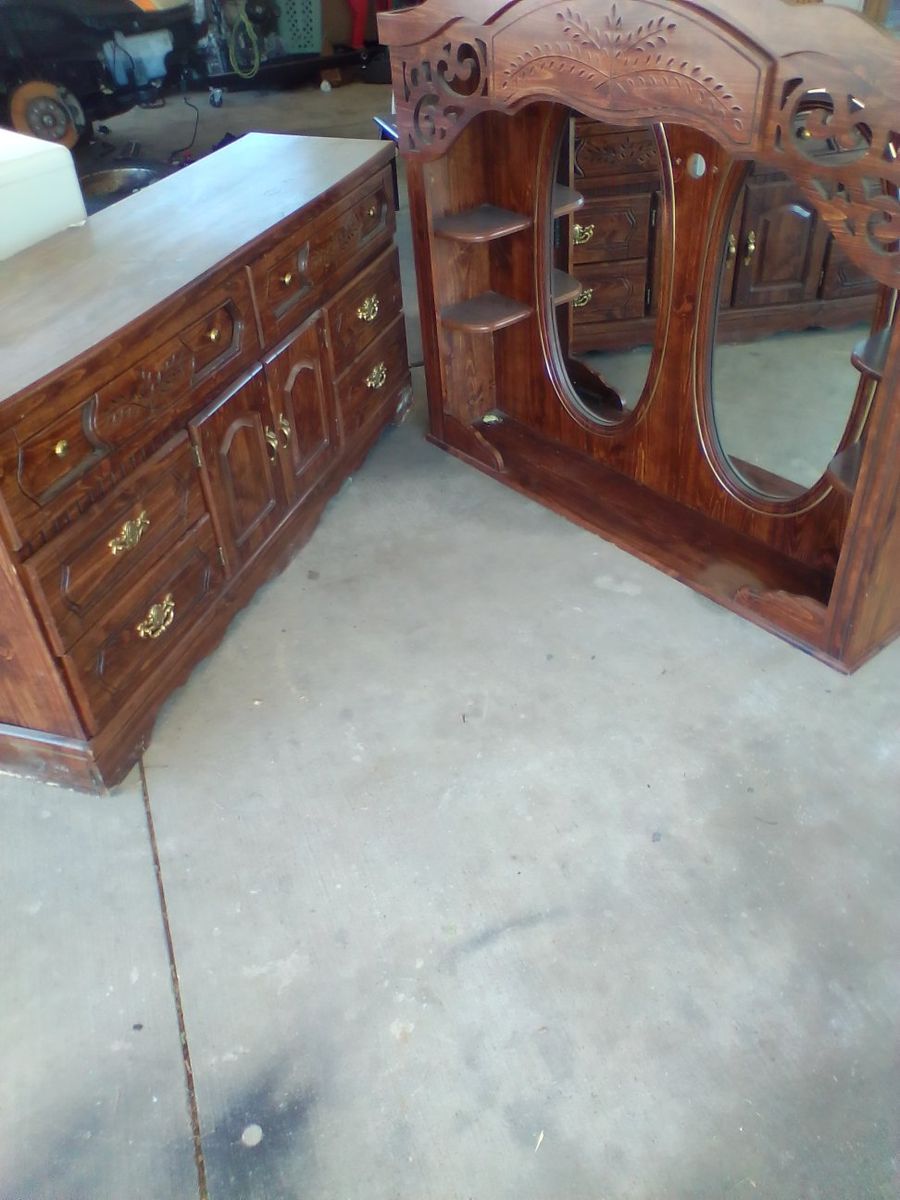 Vintage Wooden Dresser and Matching Mirror Vanity Set
