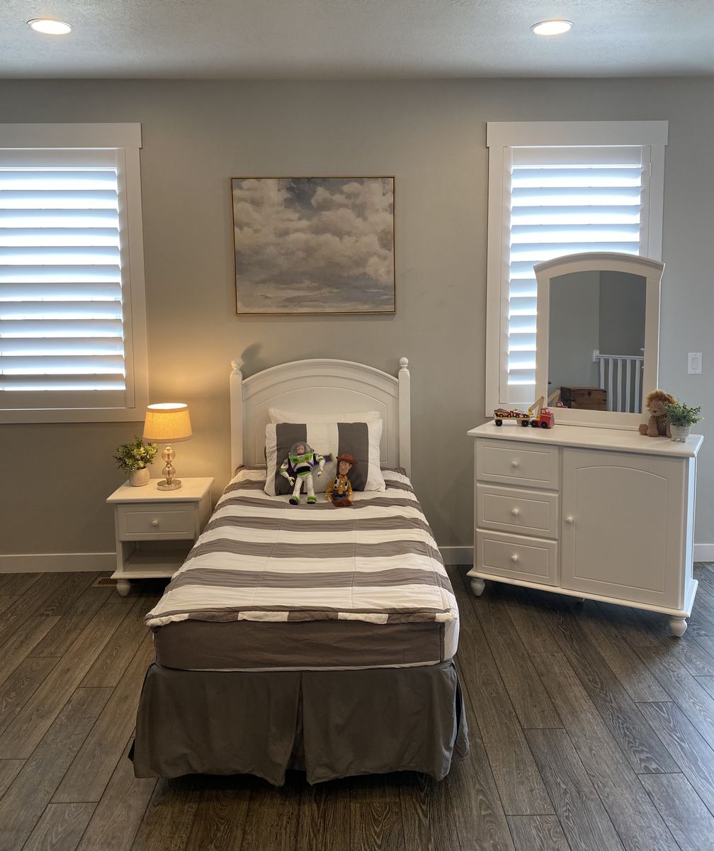White Twin Bed, Dresser Mirror And Nightstand set.