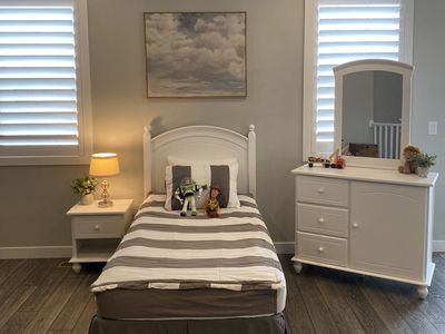 White Twin Bed, Dresser Mirror And Nightstand set.