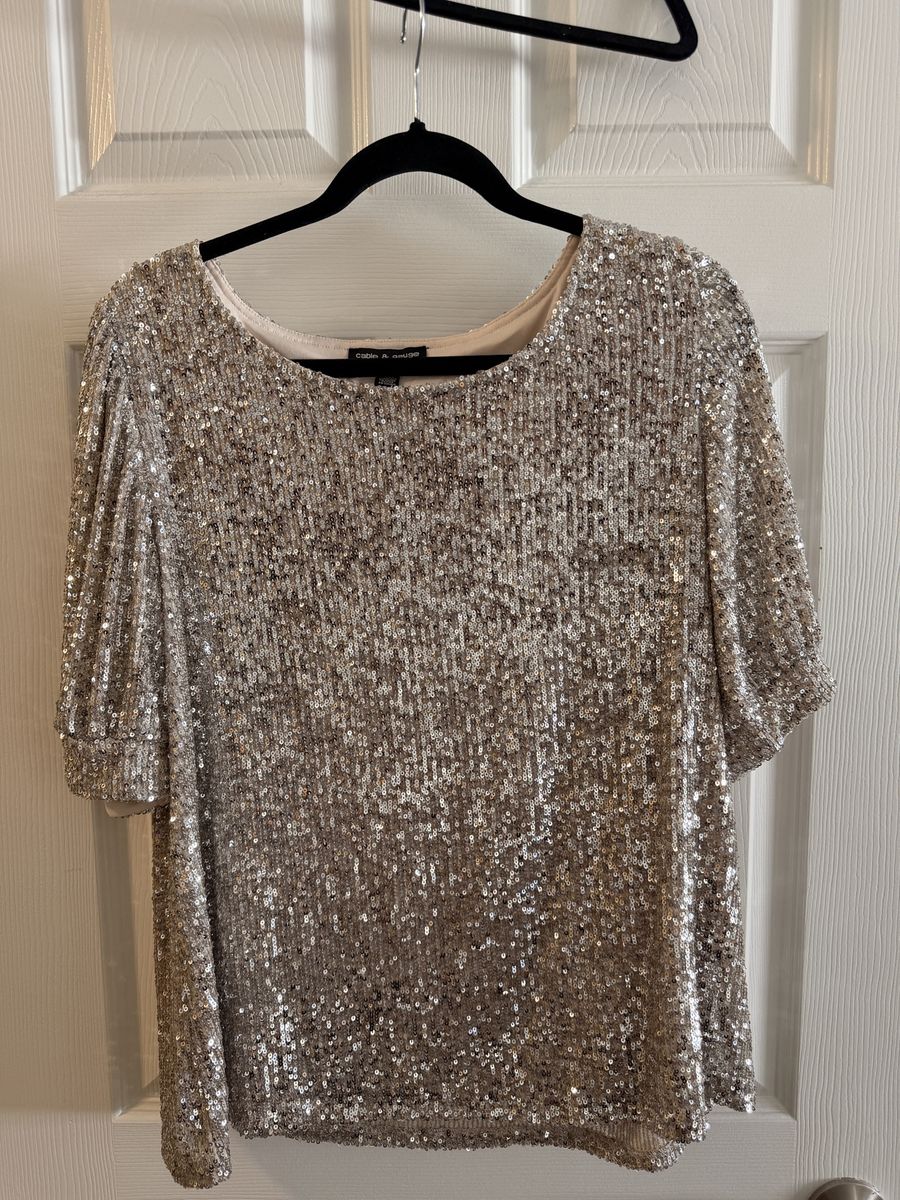 Cable & Gauge Women's Sequin Short Sleeve Top XL Gold Champagne