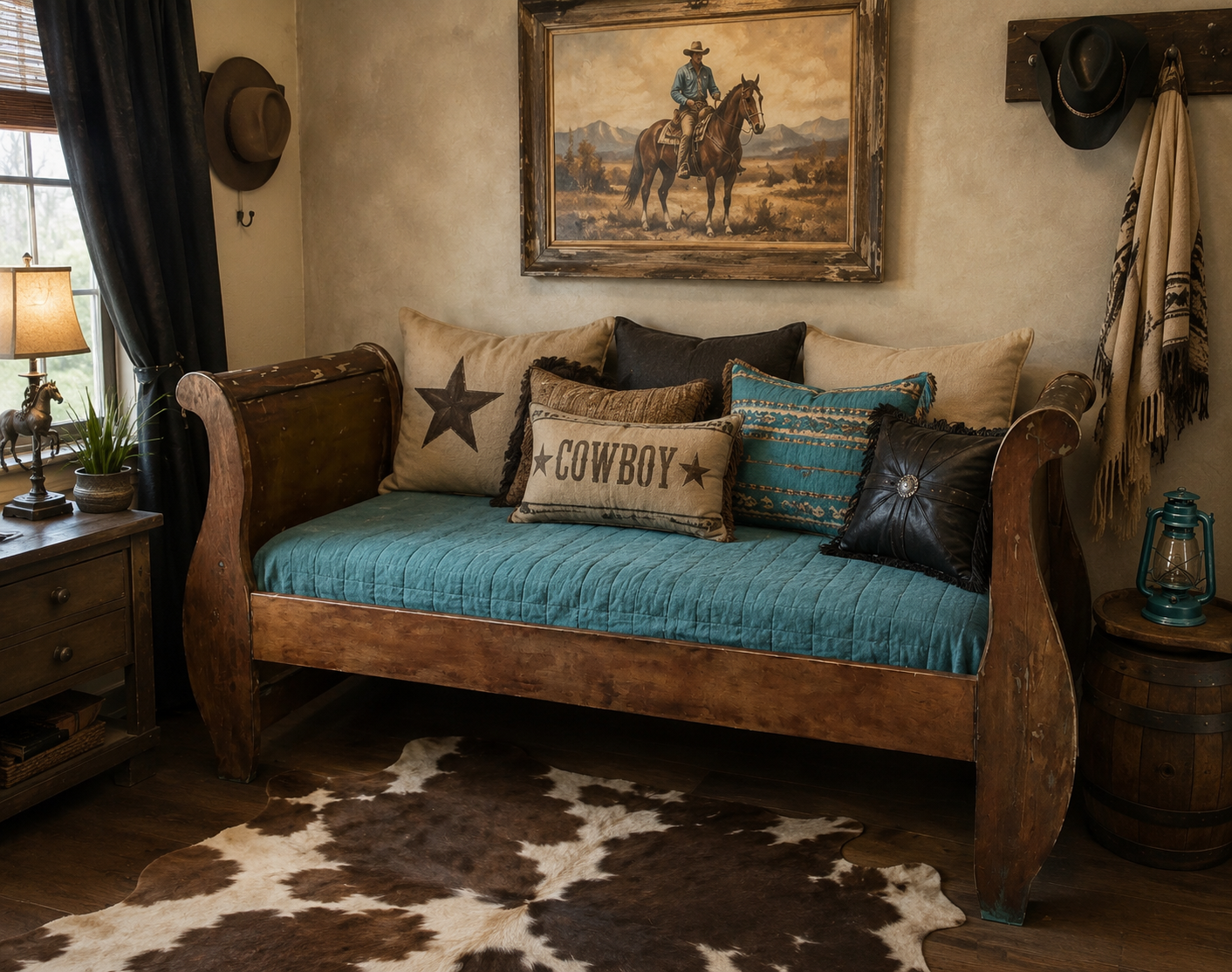 Rustic Weathered Twin Wood Sleigh Bed Frame Western Cowboy Cowgirl Farmhouse Cottagecore French Country 