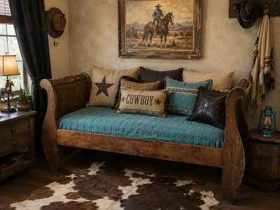 Rustic Weathered Twin Wood Sleigh Bed Frame Western Cowboy Cowgirl Farmhouse Cottagecore French Country