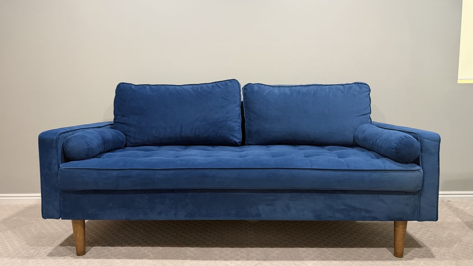Mid-Century Modern Blue Velvet Tufted Sofa with Round Bolster Pillows