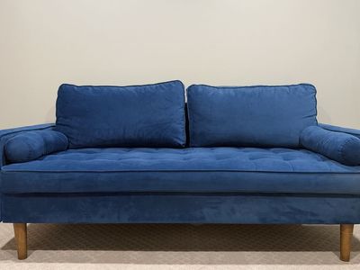 Mid-Century Modern Blue Velvet Tufted Sofa with Round Bolster Pillows