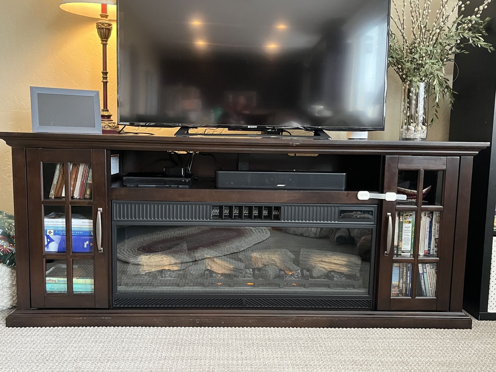 Electric Fireplace with Glass Door Shelf Cabinets