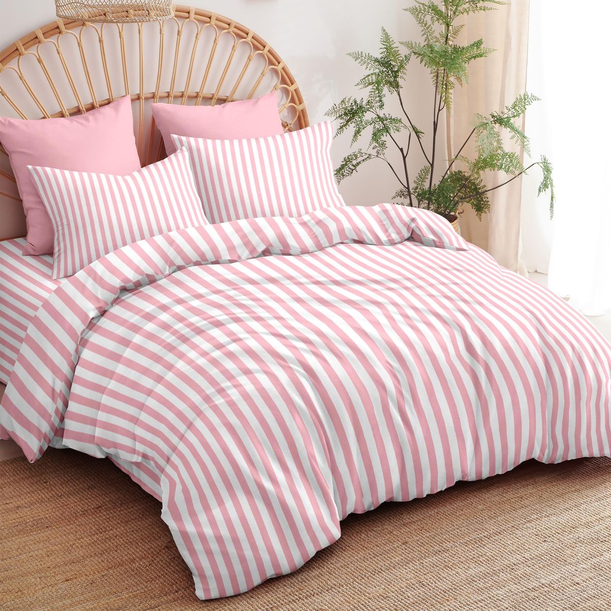 Sedefen Striped Duvet Cover Full Size Pink Stripe Geometry Bedding Set for Girls 3 Pieces Soft Microfiber Reversible White Geome