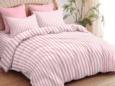 Sedefen Striped Duvet Cover Full Size Pink Stripe Geometry Bedding Set for Girls 3 Pieces Soft Microfiber Reversible White Geome