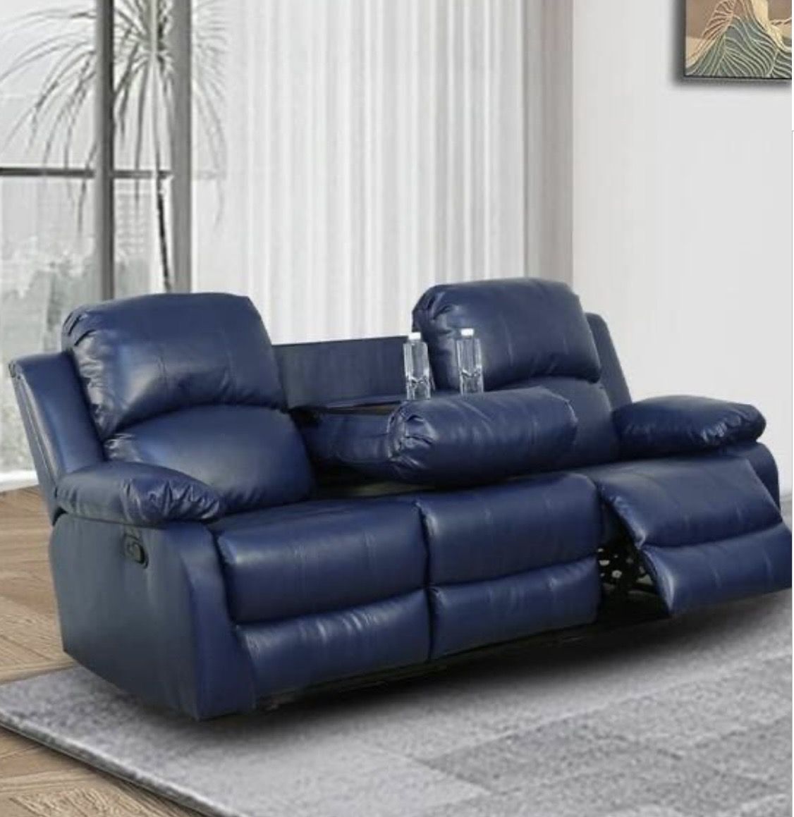 Nancy 82 in. Round Arm Faux Leather Rectangle Reclining Sofa in Blue
