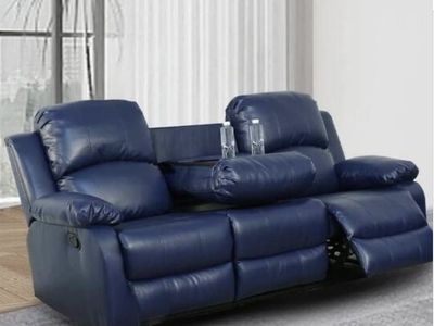 Nancy 82 in. Round Arm Faux Leather Rectangle Reclining Sofa in Blue