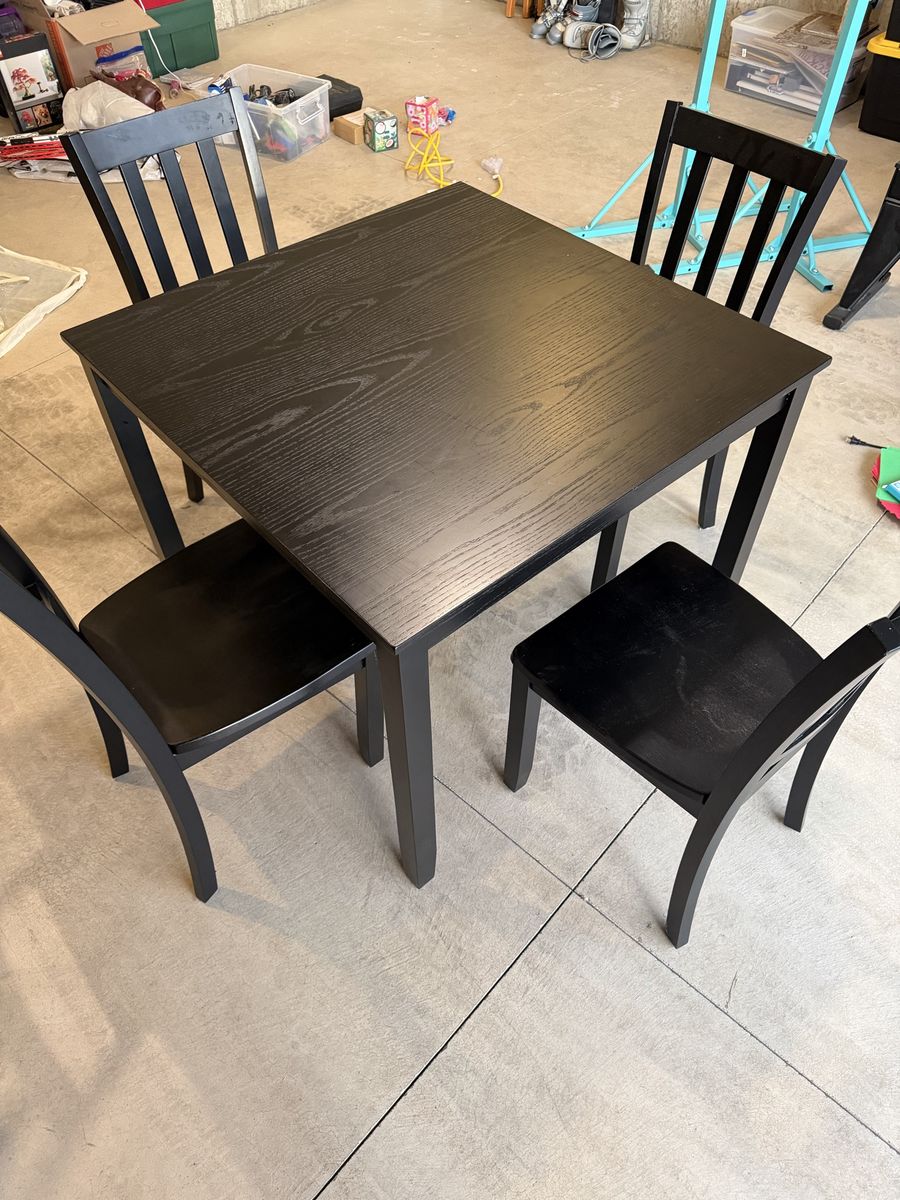 3x3 Black Wood Square Dining Table with Four Matching Chairs (1 chair has a damaged leg)