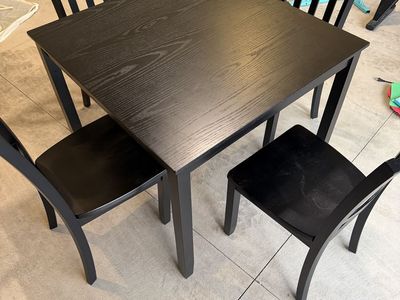 3x3 Black Wood Square Dining Table with Four Matching Chairs (1 chair has a damaged leg)