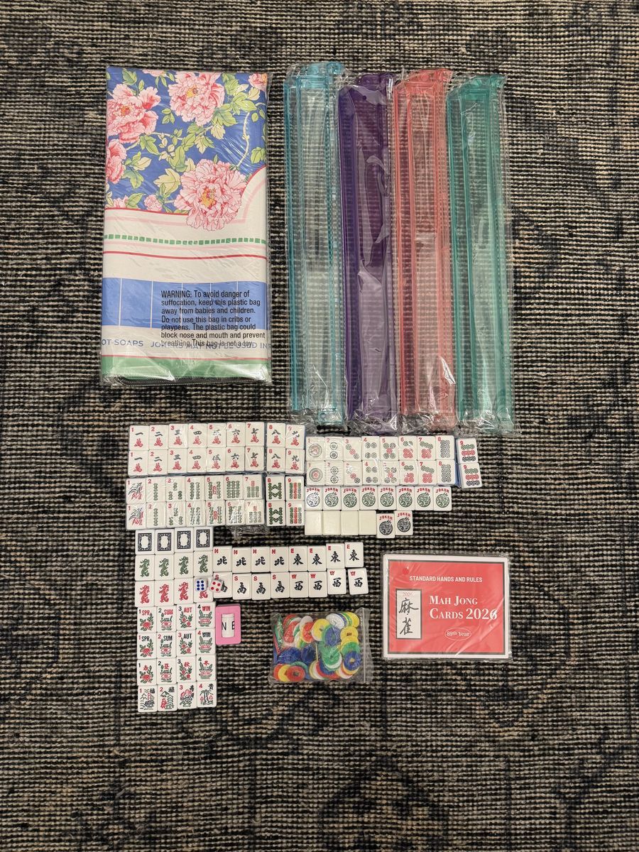 Full Mahjong kit with 166 tiles, 18” pusher racks, 32” mat and 4 official score cards $200 in Draper