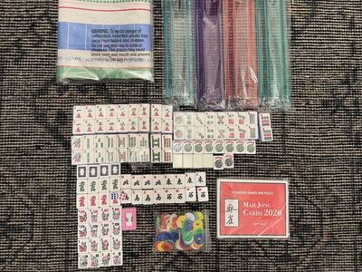 Full Mahjong kit with 166 tiles, 18” pusher racks, 32” mat and 4 official score cards $200 in Draper
