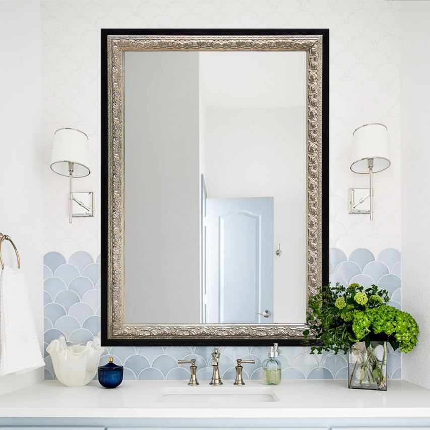 New Large Black Vintage Bathroom Mirror, 40"x28", Antique Wall Mirror for Vanity, Silver Foil Flower Petal Carvings