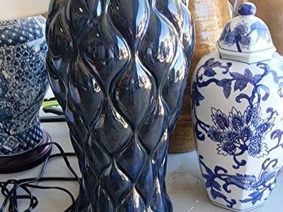 Decorative Navy Blue Ceramic Ginger Jar with Lid - Embossed Pattern, Home Decor Accent