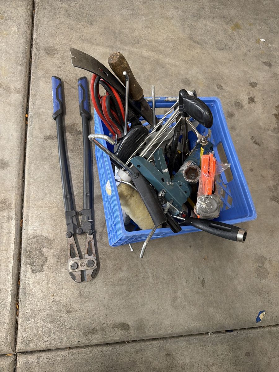 Assorted Hand Tool Lot - Bolt Cutters, Wrenches, Pry Bar, Jumper Cables, Crate & Accessories