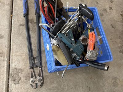 Assorted Hand Tool Lot - Bolt Cutters, Wrenches, Pry Bar, Jumper Cables, Crate & Accessories