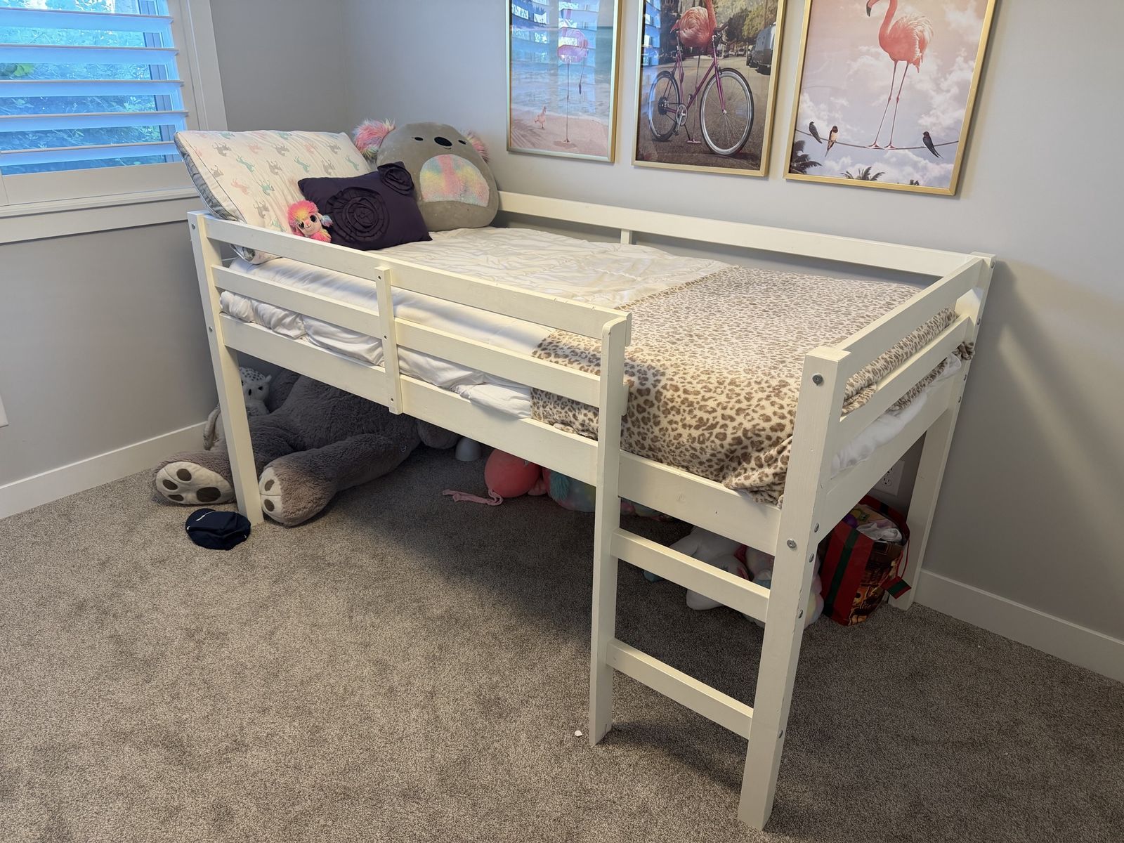 White Wood Twin Loft Bed with Ladder - Space Saving Design