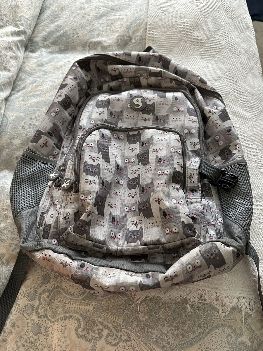 Geckobrands Cat Print Backpack - Gray/Black, Mesh Pockets, Adjustable Straps