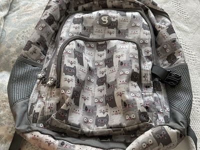 Geckobrands Cat Print Backpack - Gray/Black, Mesh Pockets, Adjustable Straps