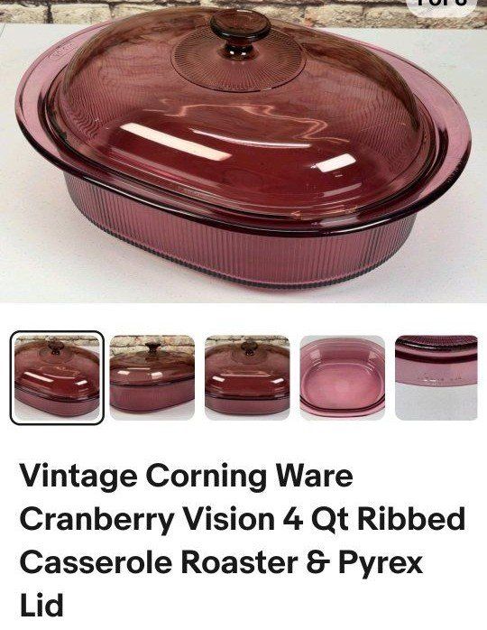 Vintage Corning Ware Cranberry Vision 4 Qt Ribbed Glass Casserole Roaster & Pyrex Lid