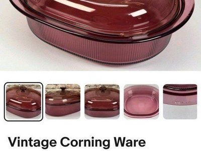 Vintage Corning Ware Cranberry Vision 4 Qt Ribbed Glass Casserole Roaster & Pyrex Lid