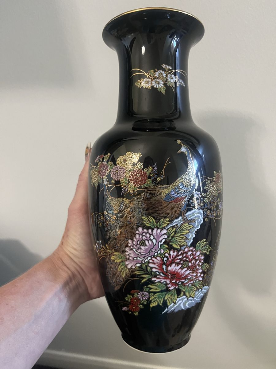 Late 20th Century Japanese Black Ceramic Floral Vase