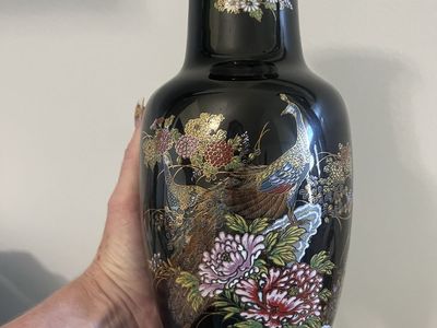 Late 20th Century Japanese Black Ceramic Floral Vase