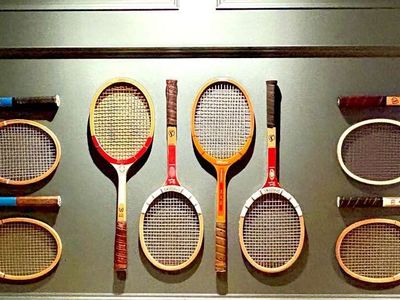 Vintage mid century antique wooden tennis rackets. Antique sports racket great cabin decor wall art wood