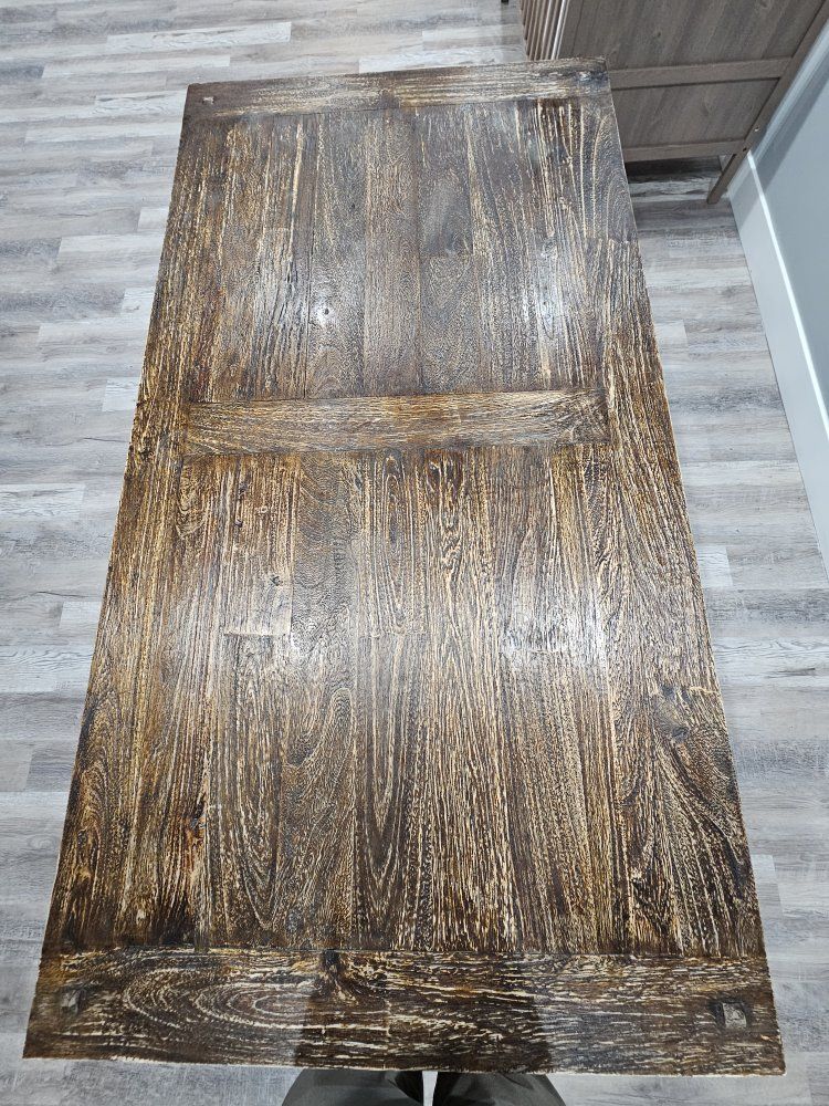 Rustic Dark Wood Trestle Dining Table with Extension Supports