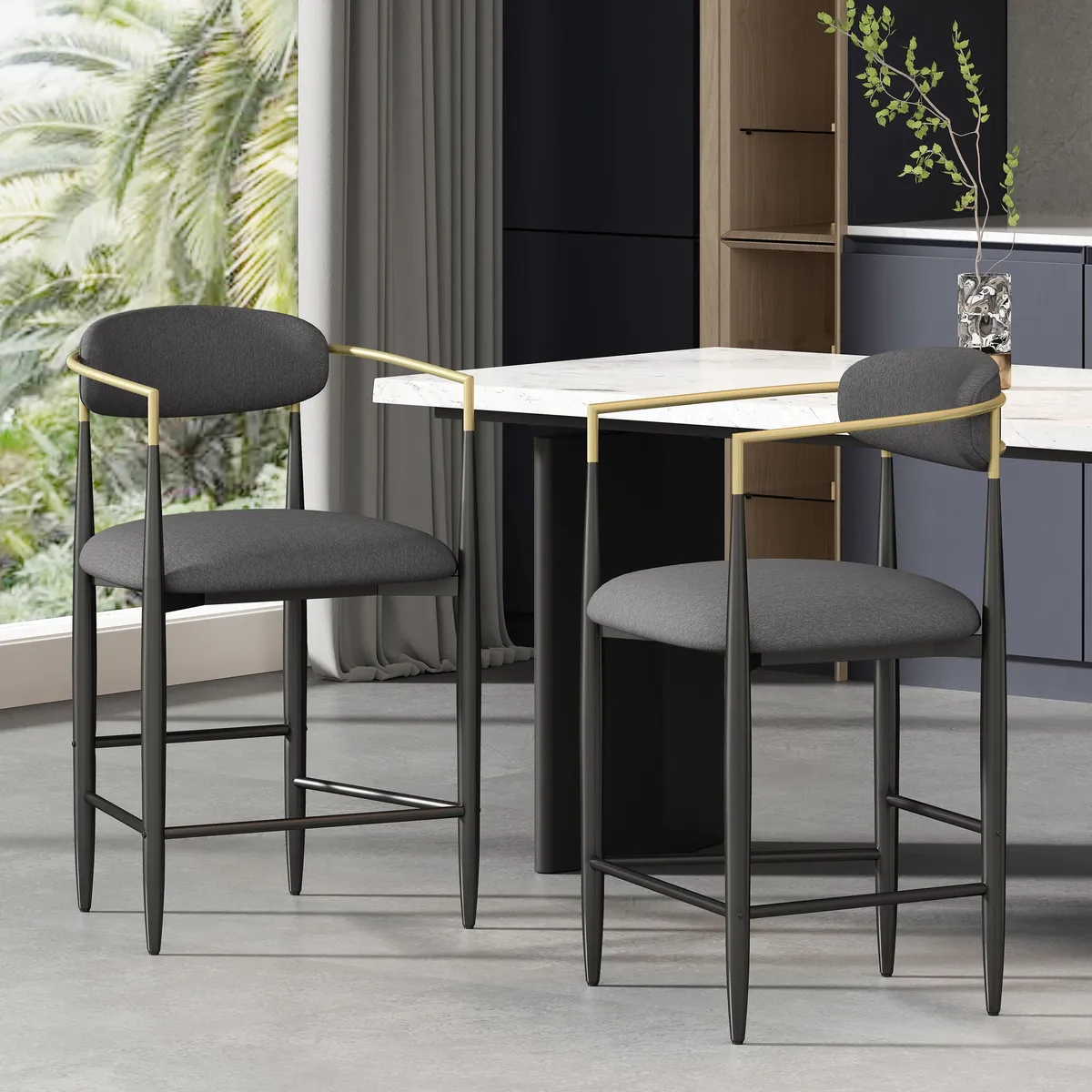 Christopher Knight Home® - Counter Stools Set Of 2 - Modern Charcoal Fabric With Black & Gold Iron Frames
