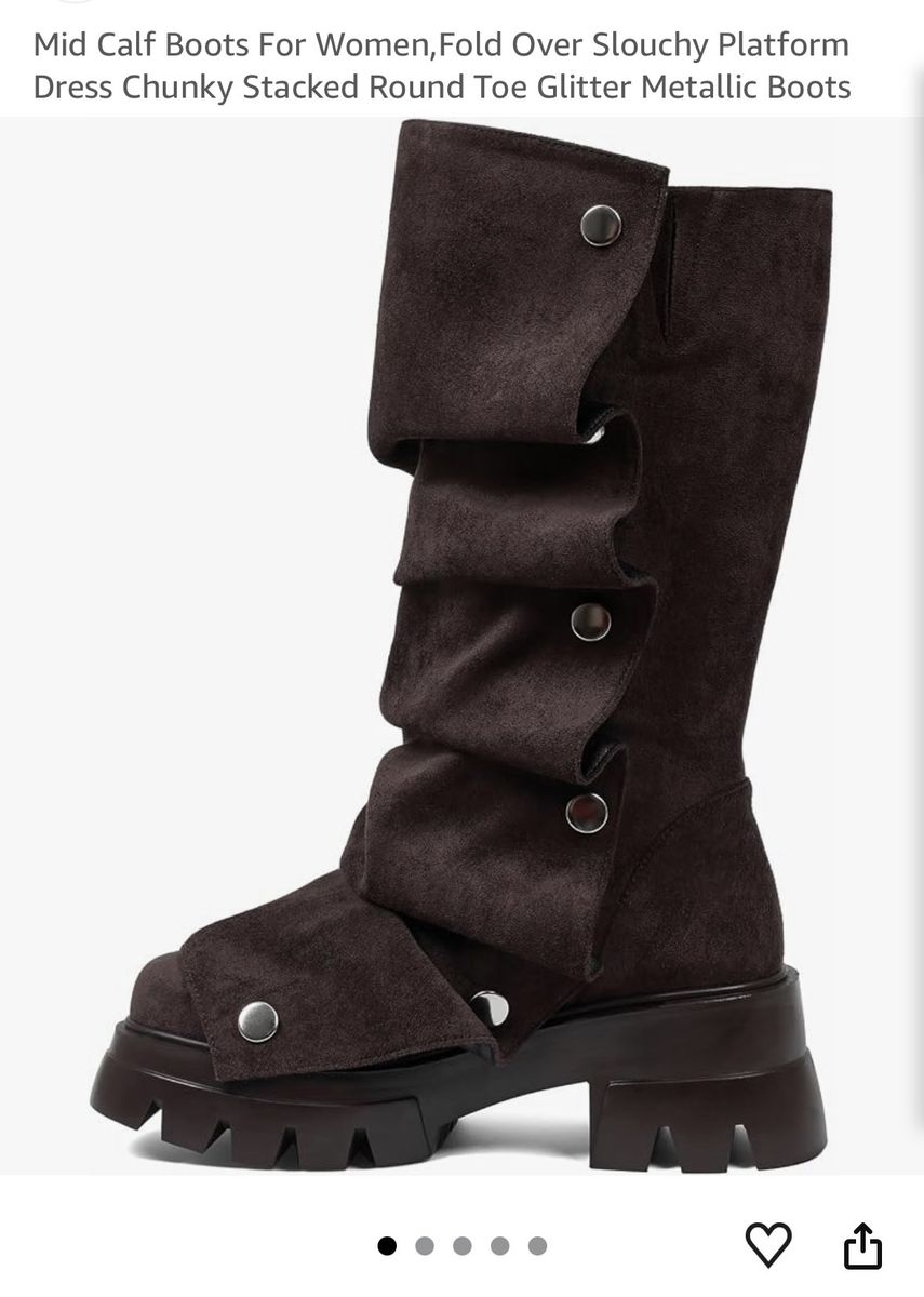Women's Chocolate Suede Mid-Calf Slouchy Platform Boots with Chunky Stacked Heel, US Size 11