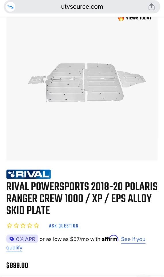 Rival Powersports Polaris Ranger XP 1000 Crew Alloy Skid Plate