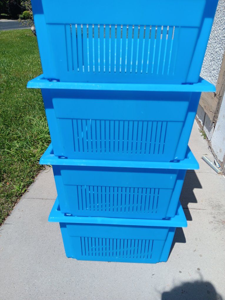 4 Blue Stackable Storage Bins Plastic Organizer Totes