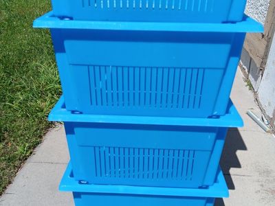 4 Blue Stackable Storage Bins Plastic Organizer Totes