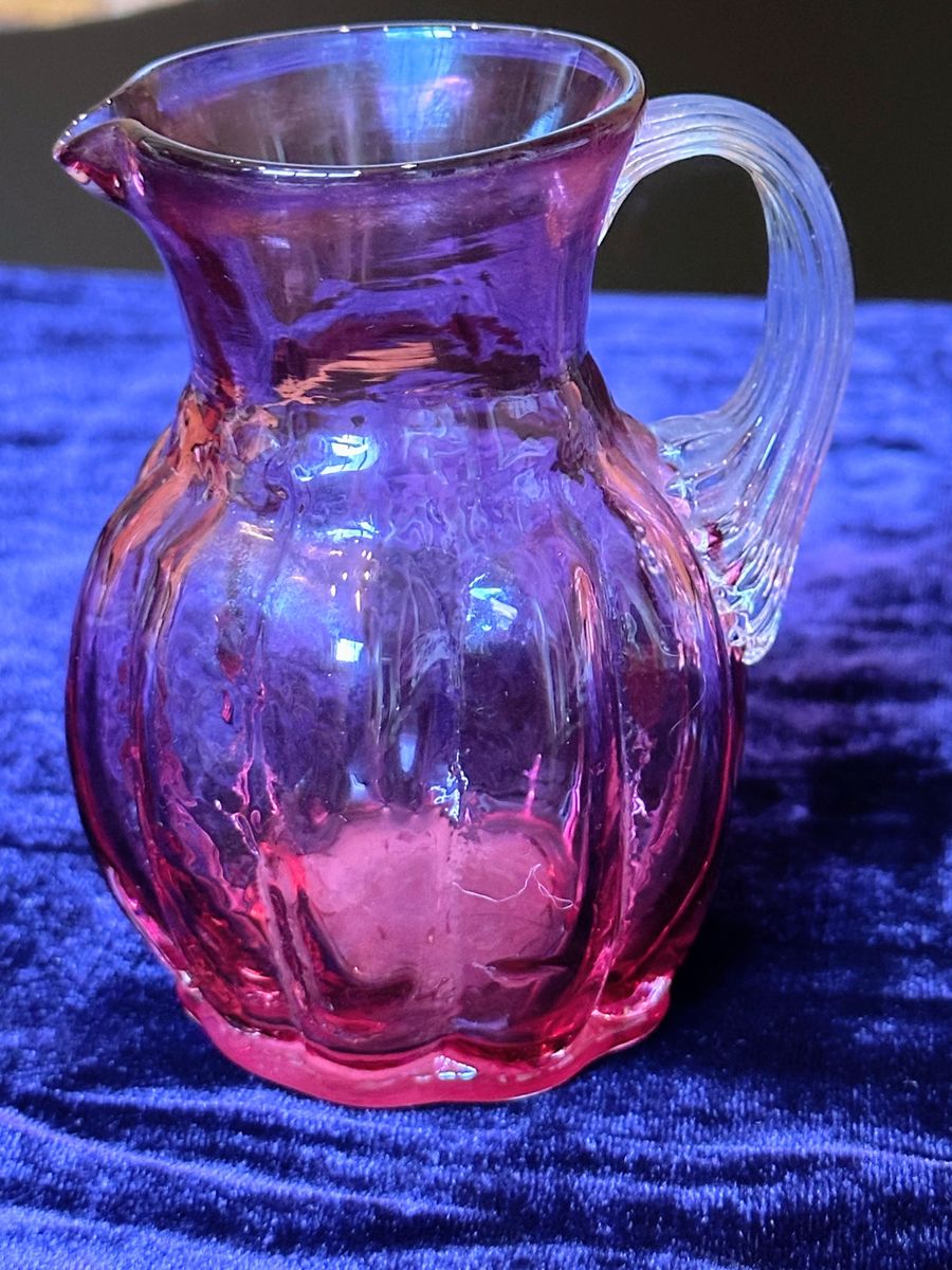 Vintage Cranberry Fenton Pink Glass Mini Pitcher with Clear Applied Handle