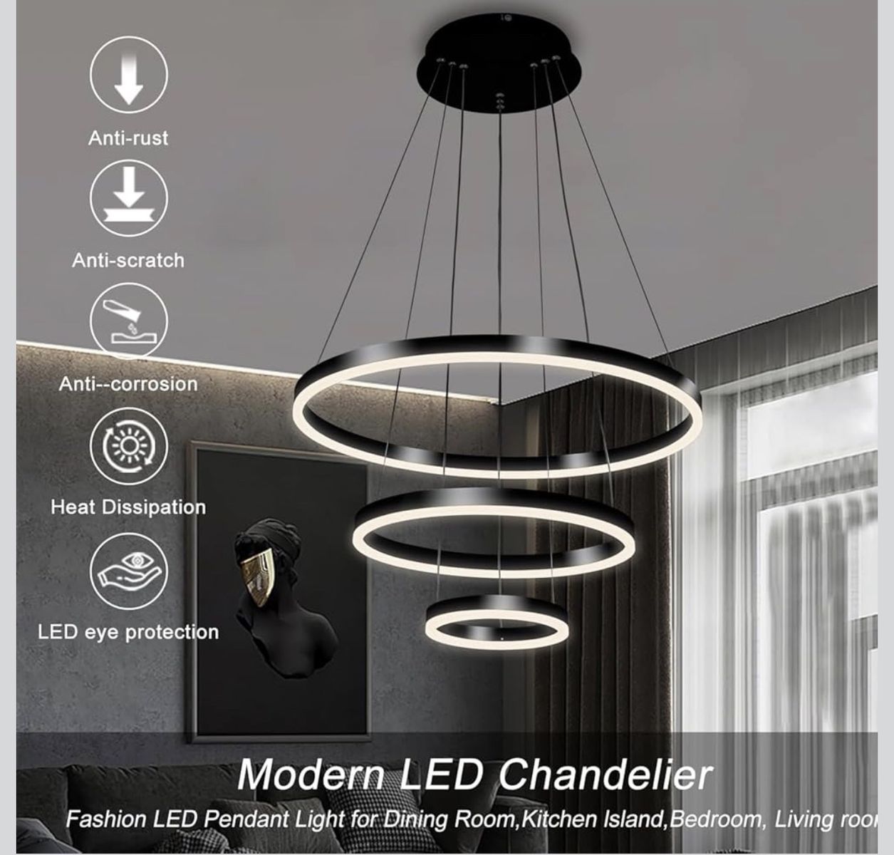 Modern LED Pendant Light, Black Circular Chandelier Fixture, Adjustable Height Circular