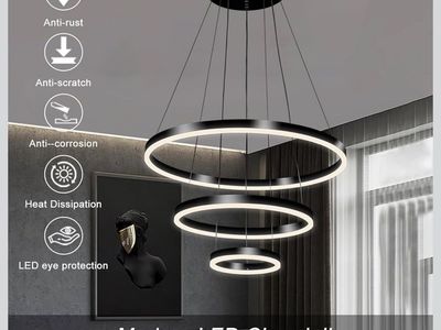 Modern LED Pendant Light, Black Circular Chandelier Fixture, Adjustable Height Circular