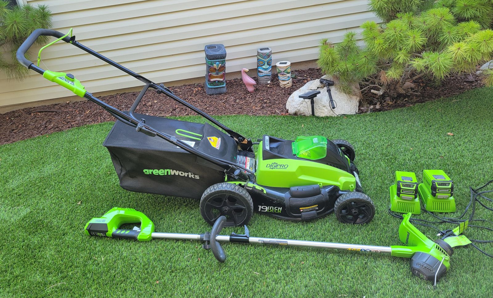 GreenWorks Digipro Lawnmower, String Trimmer, 2 Battery Packs