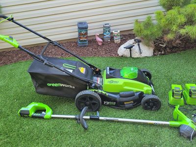 GreenWorks Digipro Lawnmower, String Trimmer, 2 Battery Packs