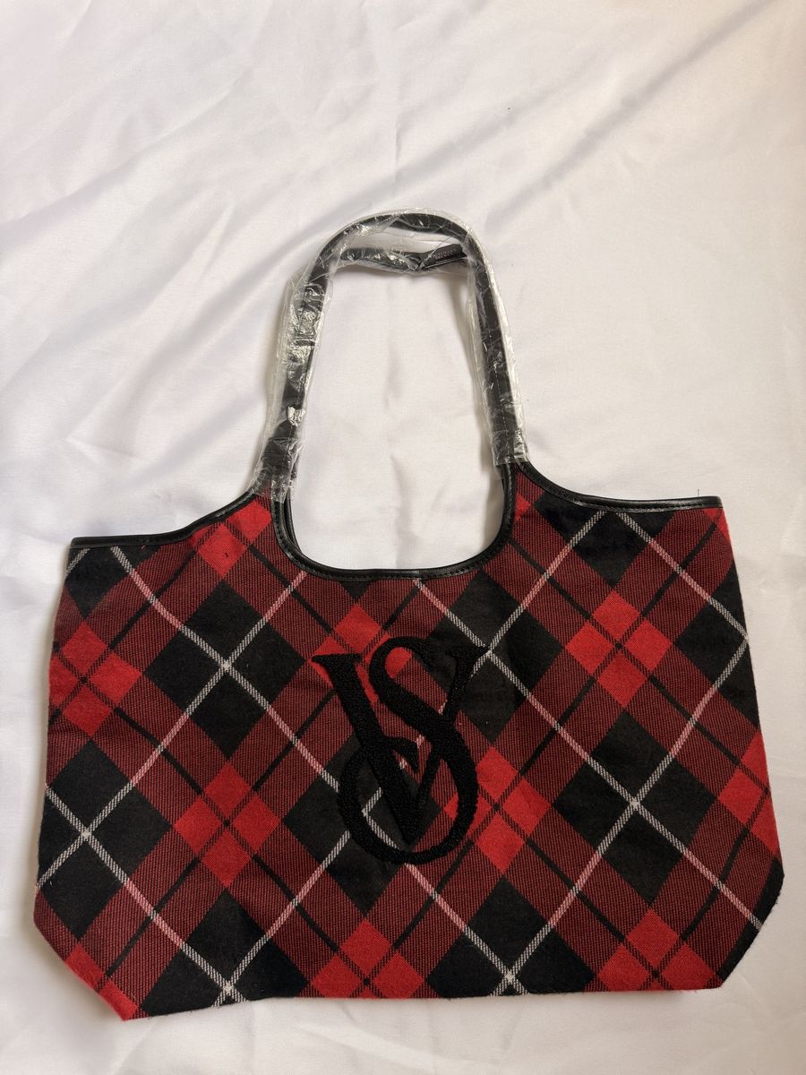 Victoria's Secret Plaid Tote Bag Red Black Embroidered Monogram NWT
