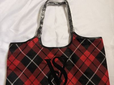 Victoria's Secret Plaid Tote Bag Red Black Embroidered Monogram NWT