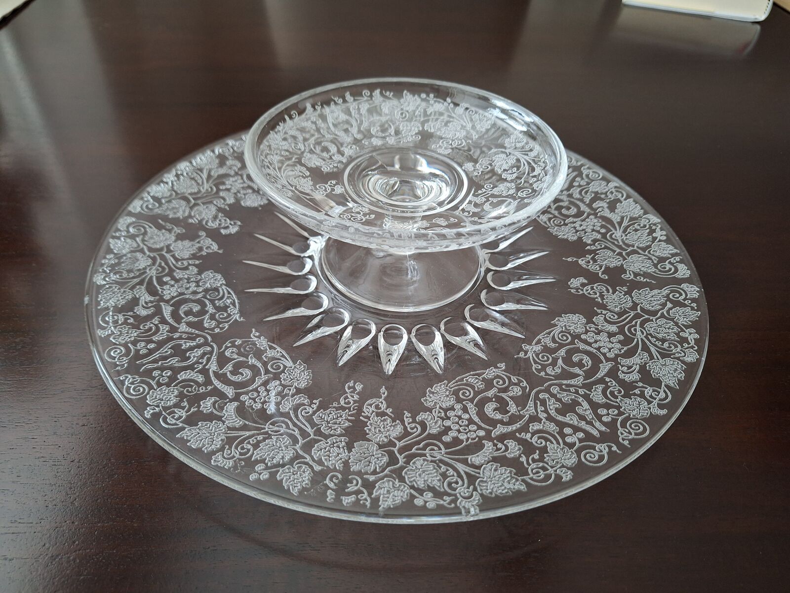 Vintage Etched Glass Dip Bowl with Under Plate