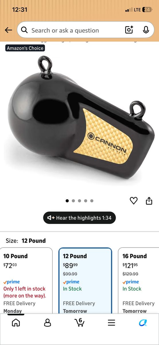 Cannon Run Deep 12 lb Downrigger Weight, Black - Fishing Sinker