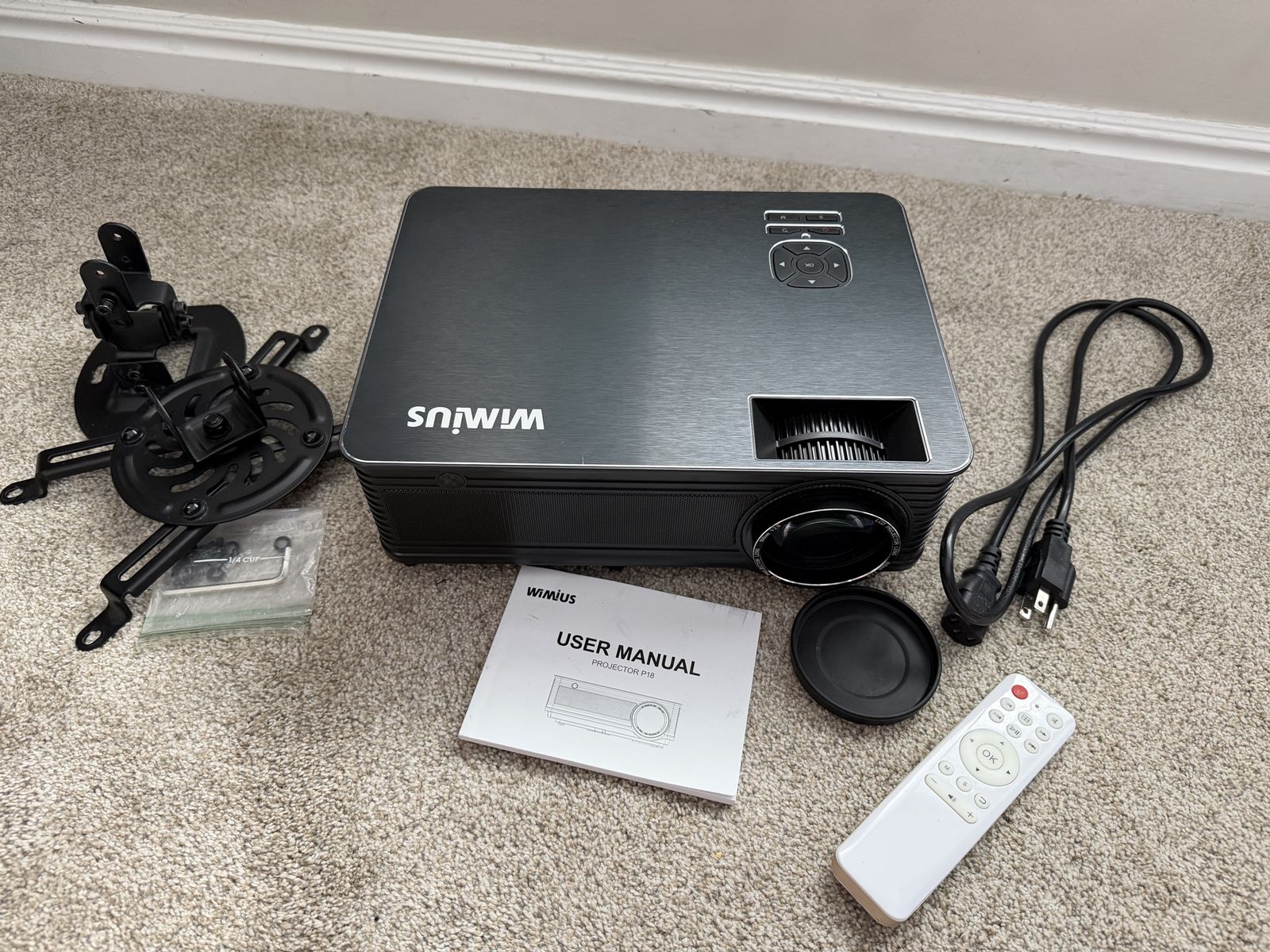 WiMiUS P18 Projector with Mount, Remote, Manual, and Power Cable