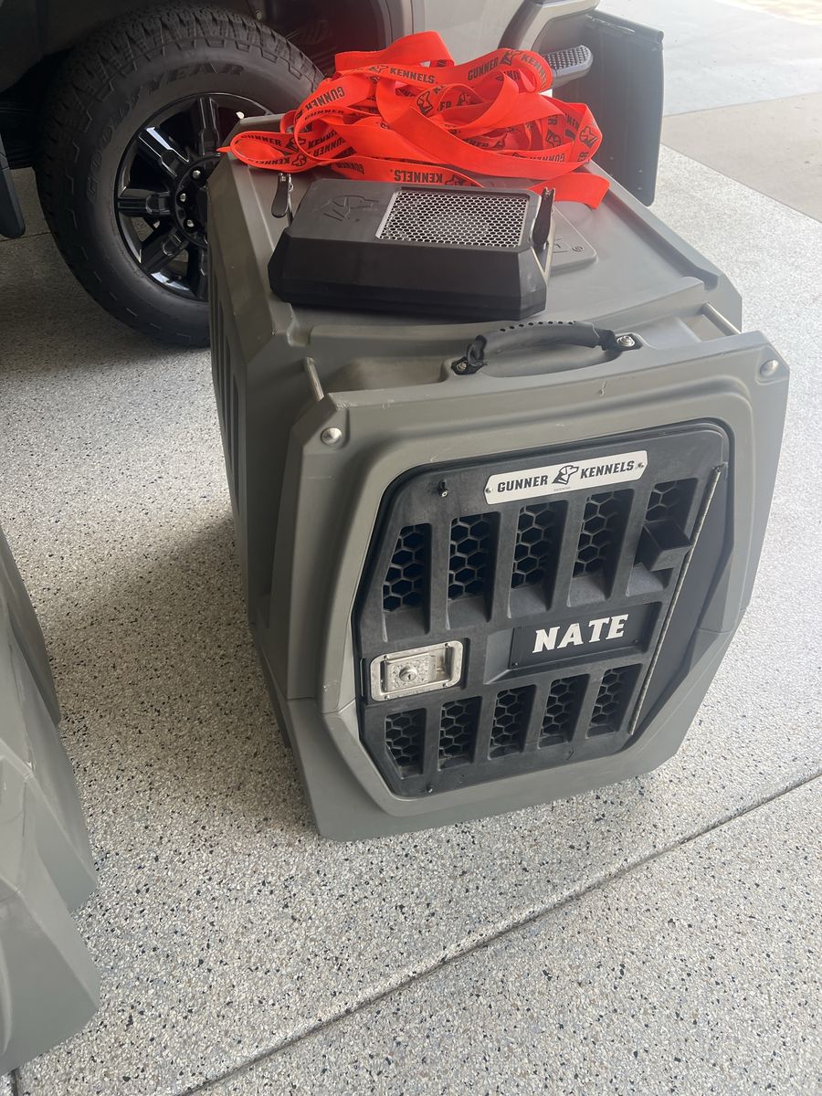 2 Gunner Kennels Heavy Duty Dog Crate Gray with Water Bowl Attachment and fan kit with tie downs