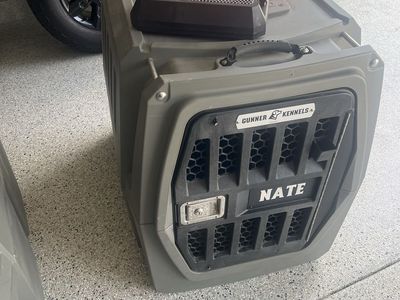 2 Gunner Kennels Heavy Duty Dog Crate Gray with Water Bowl Attachment and fan kit with tie downs